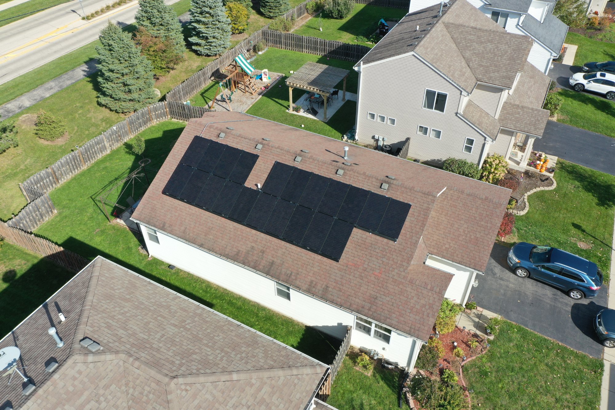 Aerial view large solar installation Illinois home