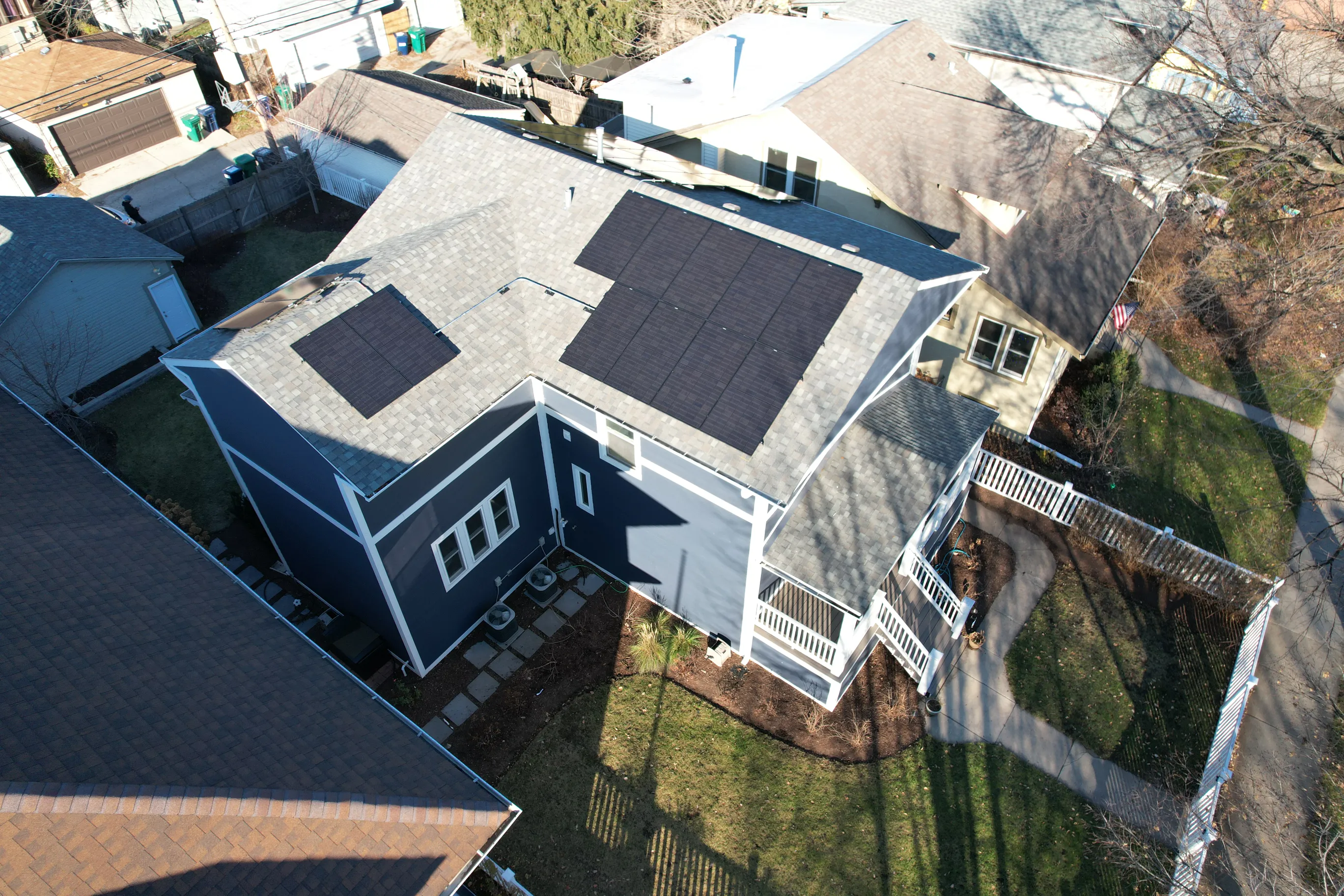 Aerial drone solar installation blue house Illinois